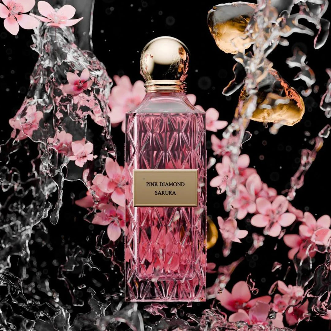 Pink Diamond Sakura 200ML perfume bottle by Ibrahim Al Qurashi, featuring a pink floral design and elegant packaging.