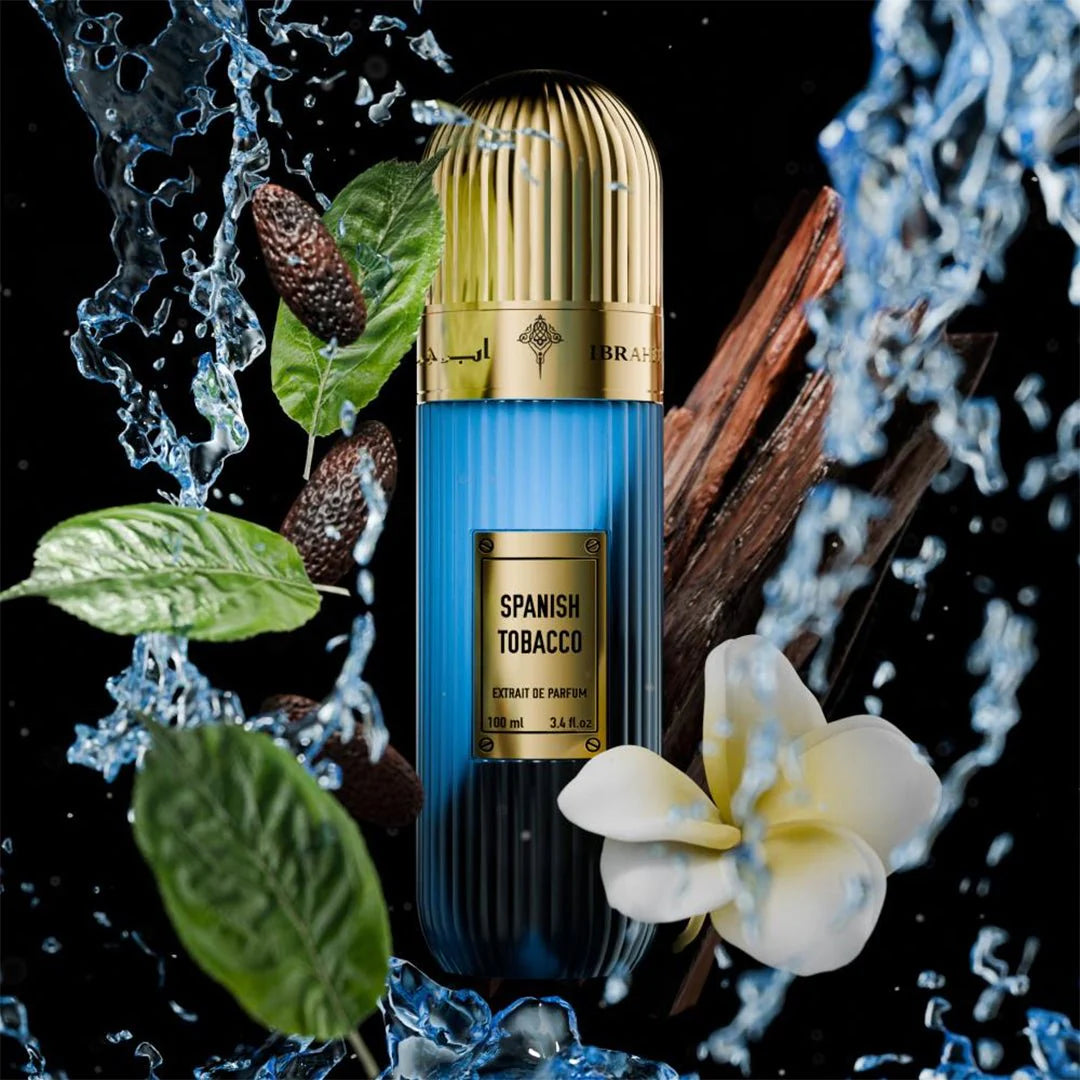 Ibrahim Al Qurashi Spanish Tobacco 100ML Eau de Parfum featuring a dark, elegant bottle with a textured cap and intricate label design.