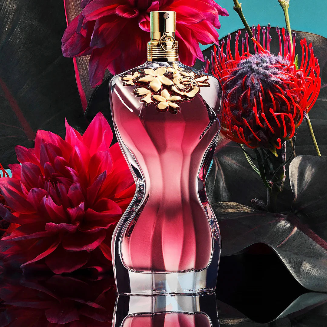 Jean Paul Gaultier La Belle 100ml Eau de Parfum bottle with a sleek design and floral accents on the packaging.