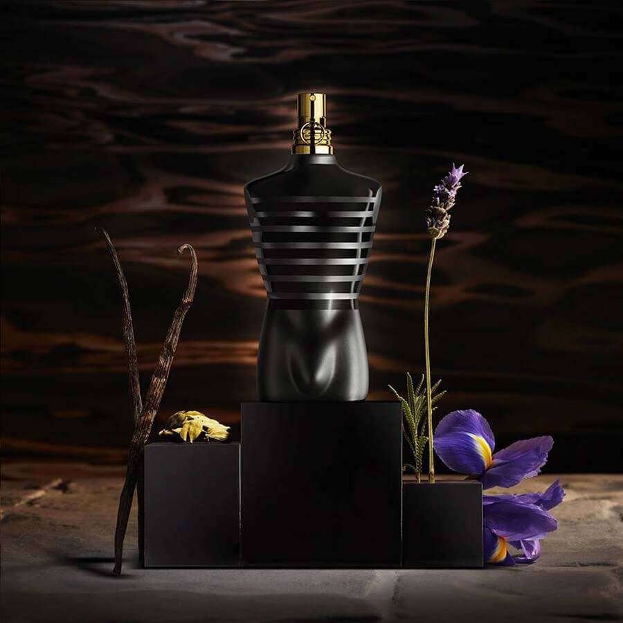 Jean Paul Gaultier Le Male Le Parfum 125ml bottle with sleek design and black cap on a white background.