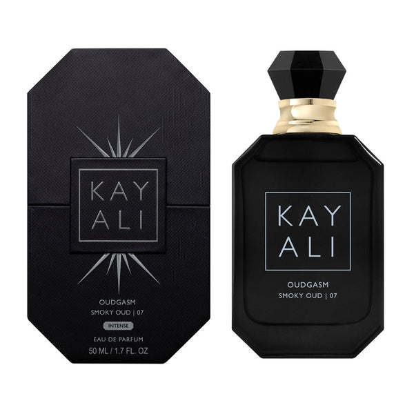 Smoky Oud fragrance bottle from Kayali's Oudgasm collection, 100ml, featuring a sleek design and intense oud scent.