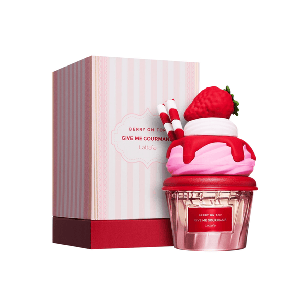 Lattafa Berry On Top perfume bottle with berry-themed design, 75ML, showcasing the elegant packaging of the fragrance.
