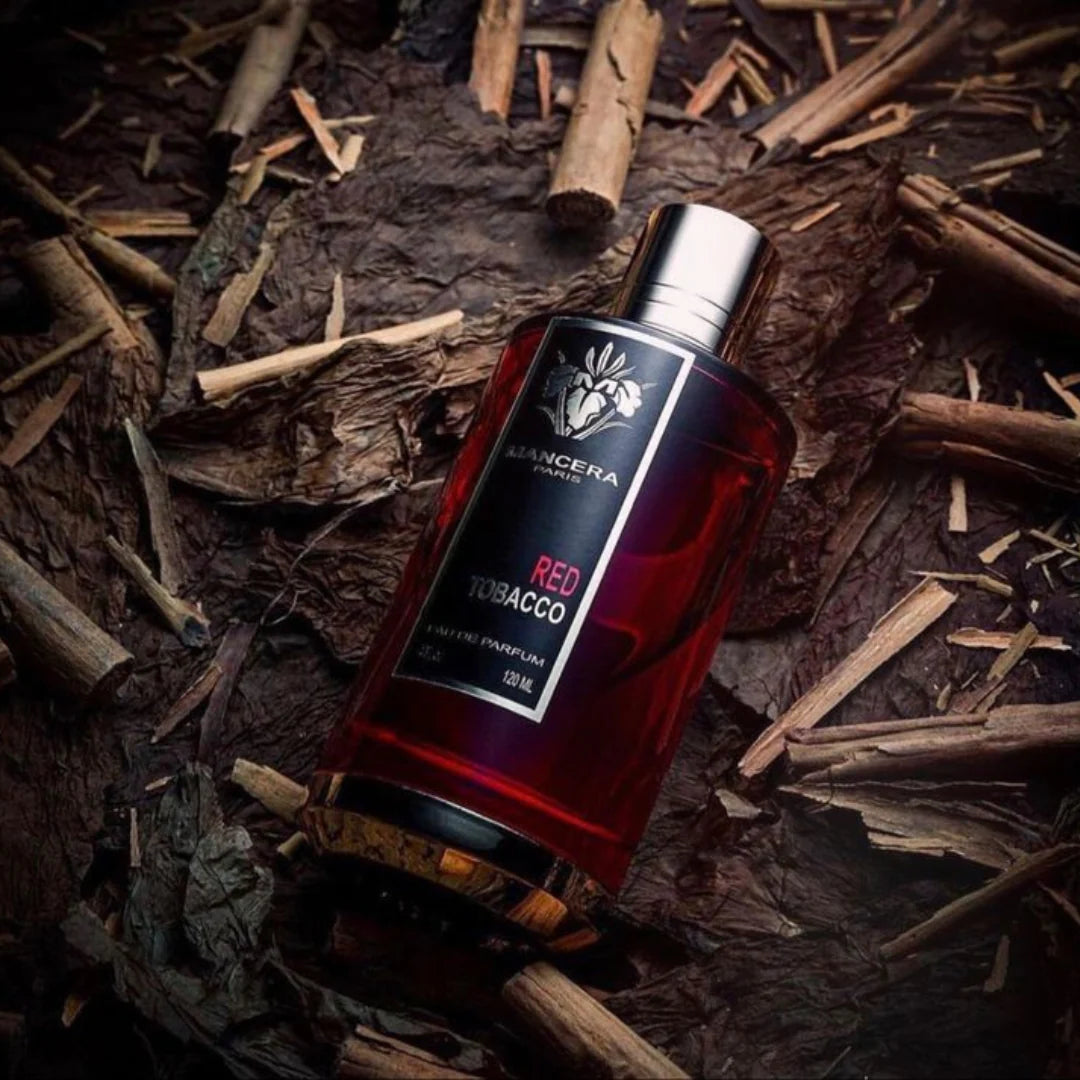 Red Tobacco Mancera 120ML Eau de Parfum bottle with red and gold accents, showcasing luxurious packaging for men and women.