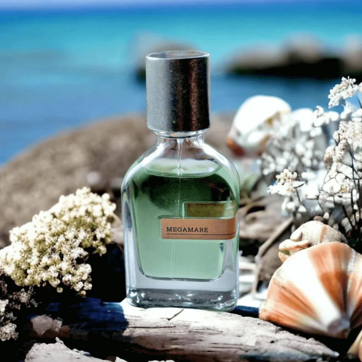 Orto Parisi Megamare 50ml fragrance bottle with minimalist label, showcasing the luxury perfume design against a neutral background.