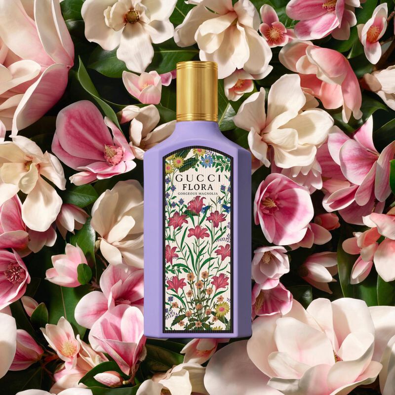 Gucci Flora Gorgeous Magnolia perfume bottle with floral design, 100ML Eau de Parfum, elegant and luxurious fragrance presentation.