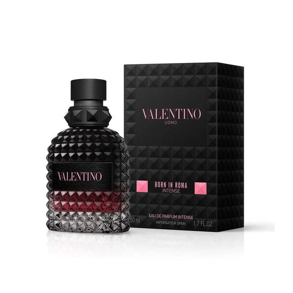 Valentino Uomo Born In Roma INTENSE 100ml perfume bottle, featuring sleek design and branding, on a neutral background.