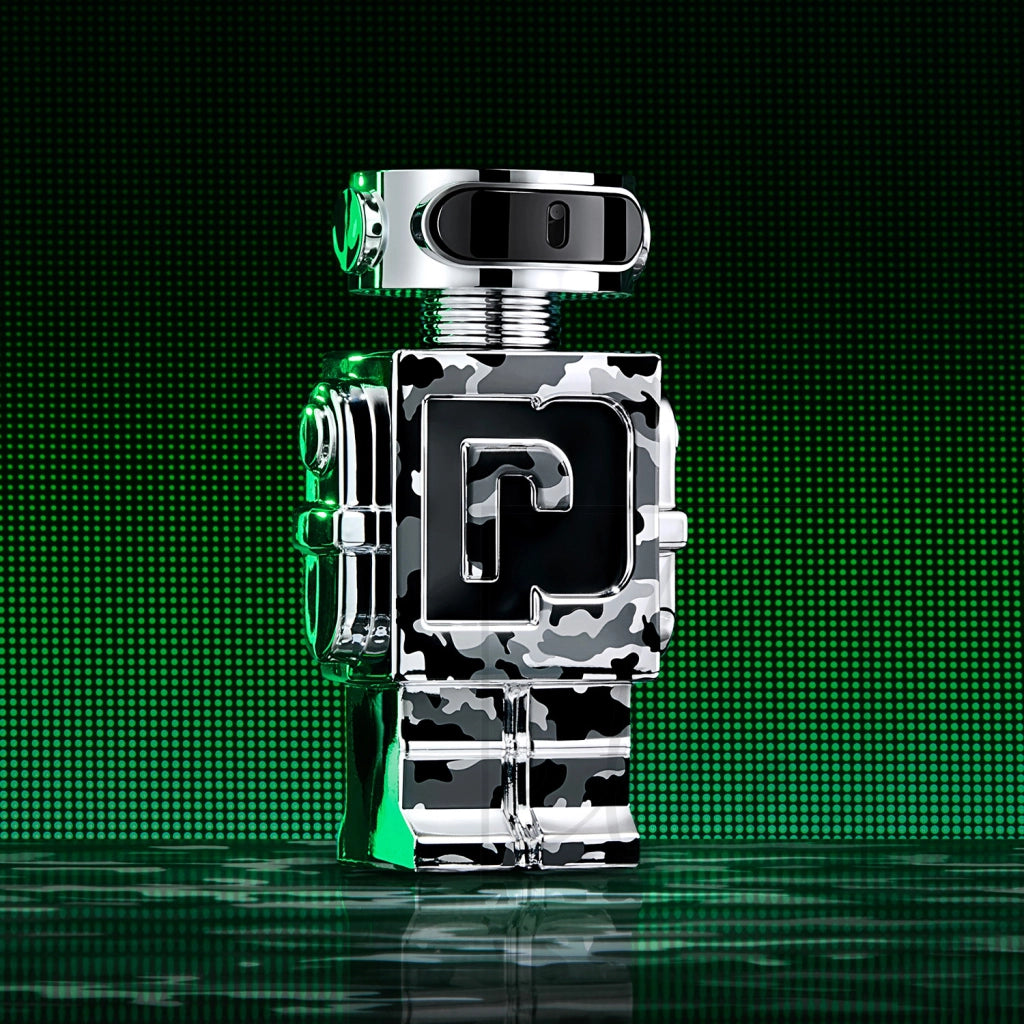 Paco Rabanne Phantom Legion 100ML perfume bottle with sleek modern design and silver accents on a reflective surface