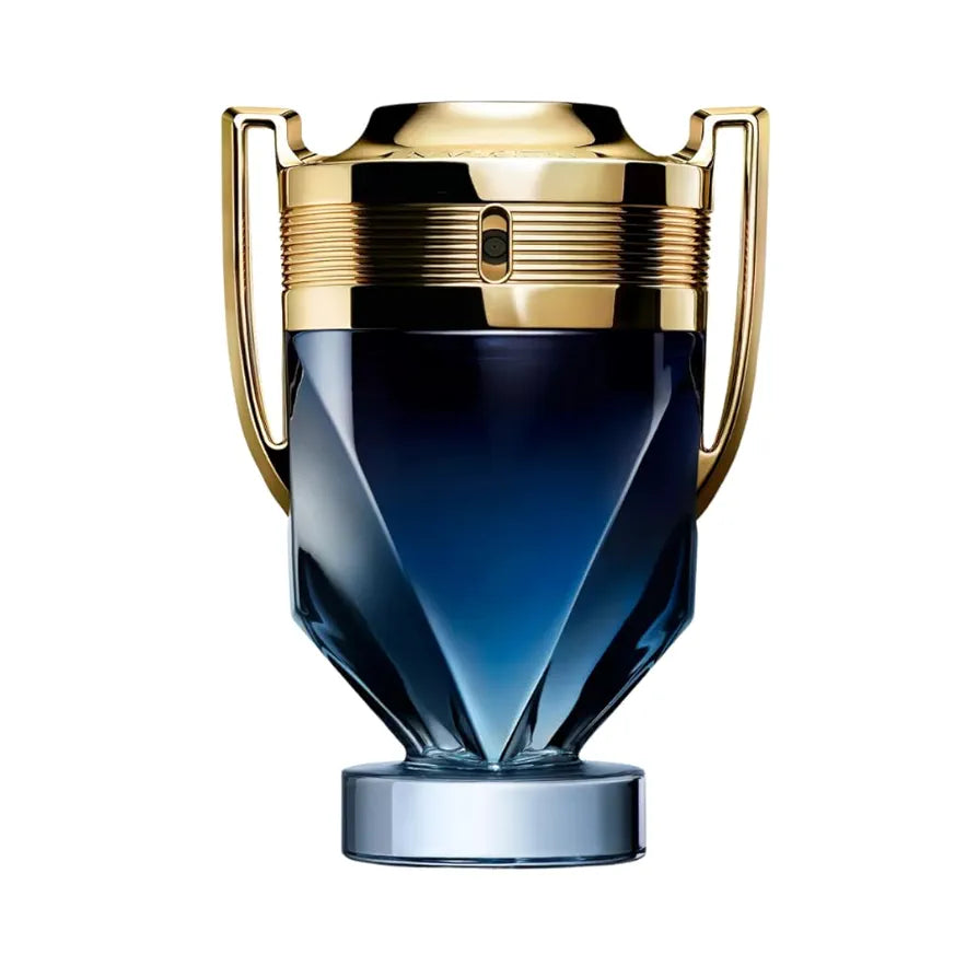 Invictus Parfum by Rabanne for men, 100ml bottle with sleek design and gold accents, displayed on a neutral background.