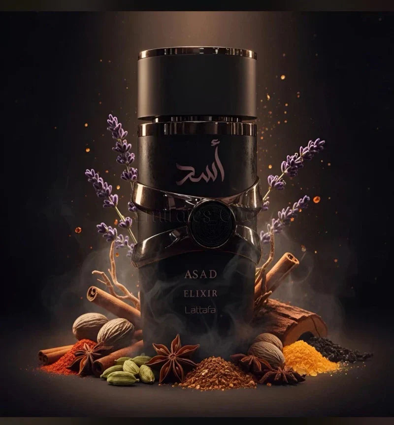 Lattafa Asad Elixir 100ML men's perfume bottle with elegant packaging and gold accents.
