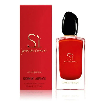Giorgio Armani Si Passione Eau de Parfum 100ml bottle with elegant black and gold packaging on a white background.