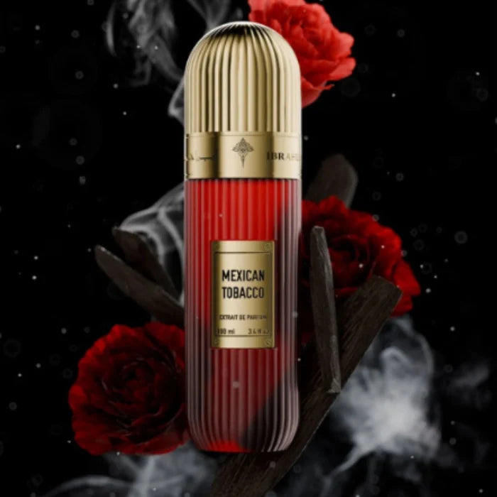 Bottle of Ibrahim Al Qurashi Mexican Tobacco 100ML perfume with a sleek, dark-colored container and detailed label.