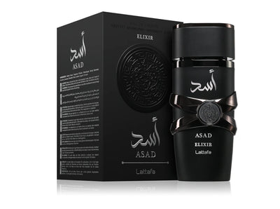 Lattafa Asad Elixir 100ML perfume bottle with a sleek design and elegant packaging, showcasing a luxurious fragrance.