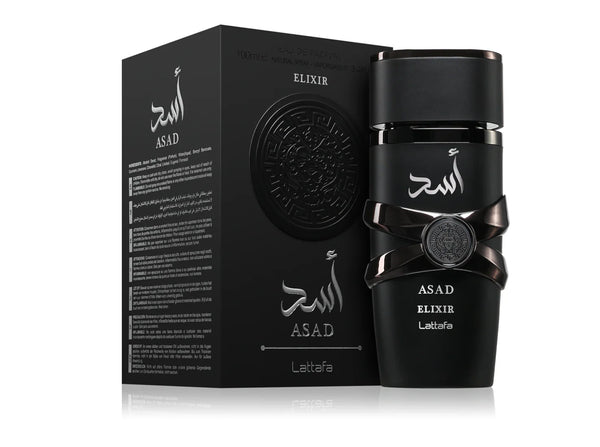 Lattafa Asad Elixir 100ML perfume bottle with a sleek design and elegant packaging, showcasing a luxurious fragrance.