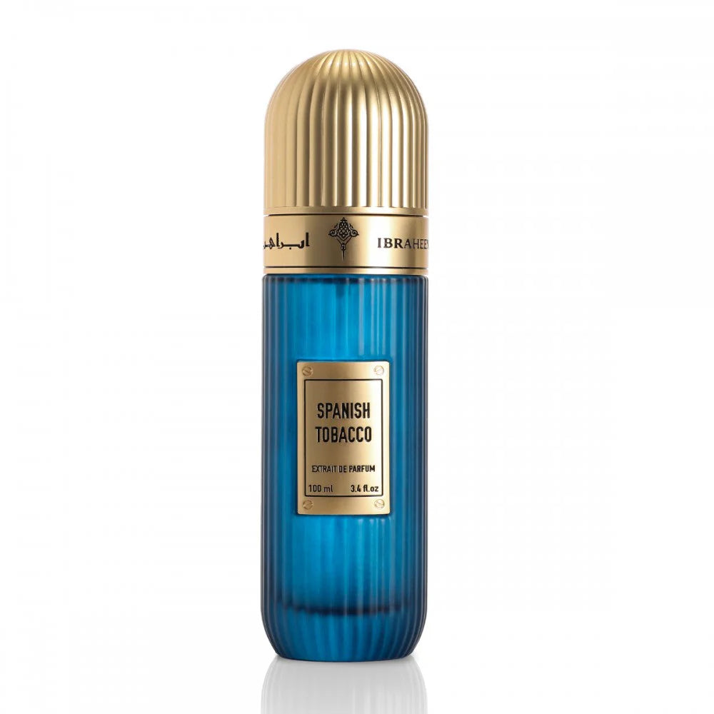 Spanish Tobacco 100ml extrait de parfum by Ibrahim Al Qurashi showing the elegant perfume bottle with gold accents and dark tobacco scent notes.