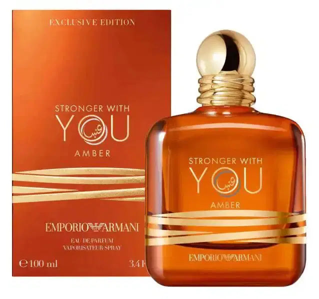 Giorgio Armani Stronger With You Amber unisex EDP perfume bottle, 100ml with amber-colored liquid and sleek packaging.