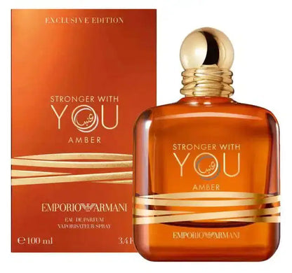 Giorgio Armani Stronger With You Amber unisex EDP perfume bottle, 100ml with amber-colored liquid and sleek packaging.