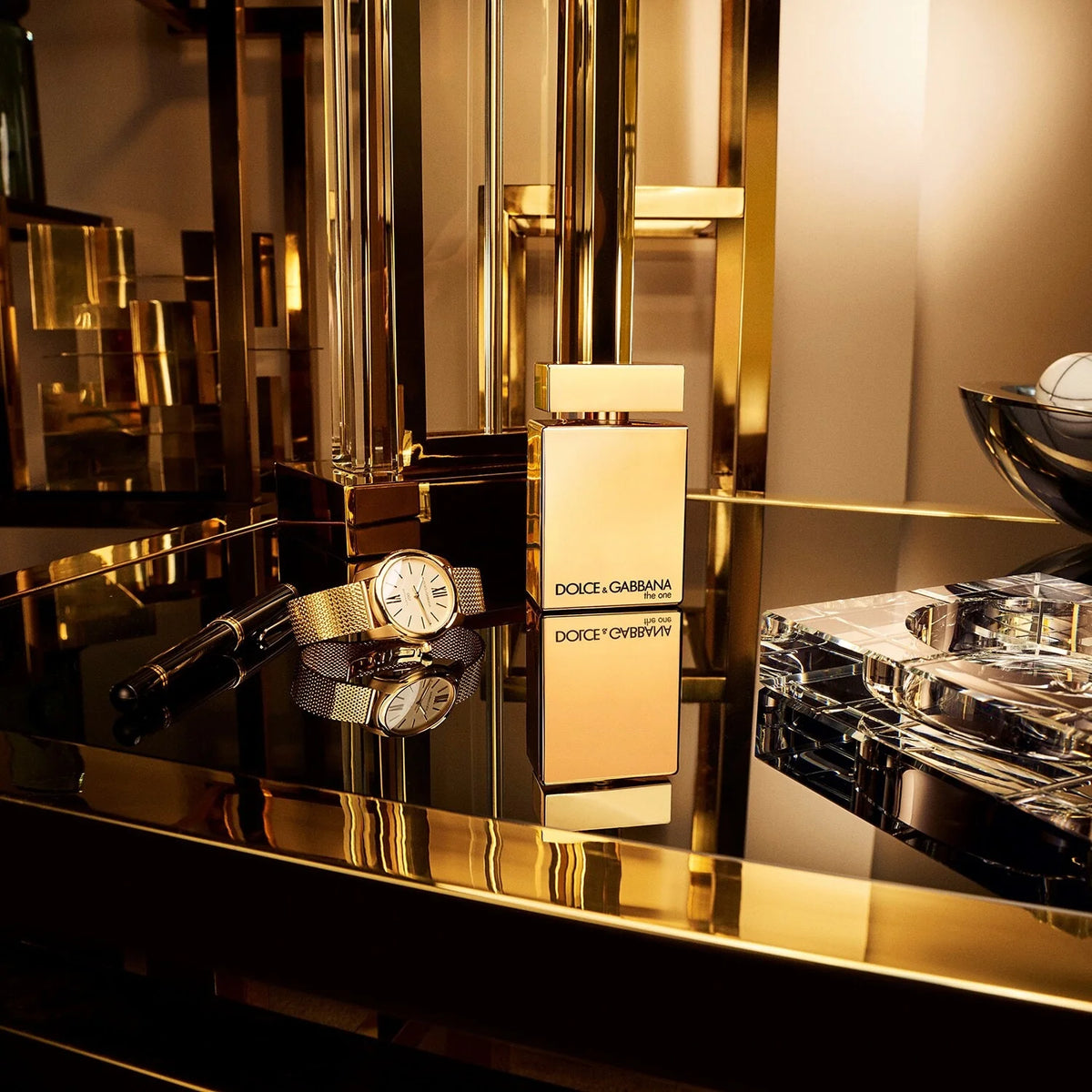 Dolce&Gabbana The One Gold for Men 100ml Eau de Parfum Intense bottle displayed with gold accents and sleek design.
