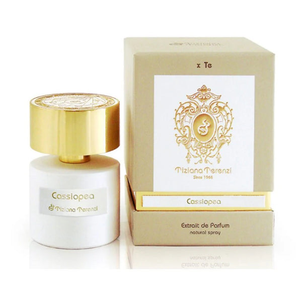 Tiziana Terenzi Cassiopea Extrait de Parfum 100ml bottle with elegant packaging and gold accents, showcasing luxury fragrance.