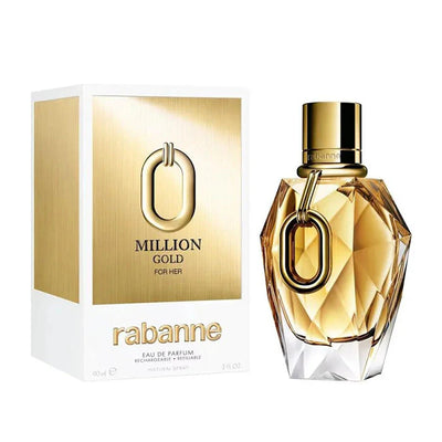 Rabanne Million Gold for Her 90ML perfume bottle with gold accents, elegant design, and luxurious fragrance presentation.