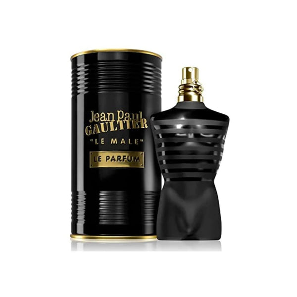 Jean Paul Gaultier Le Male Le Parfum 125ml bottle with sleek design and dark fragrance liquid, shown in a close-up image.