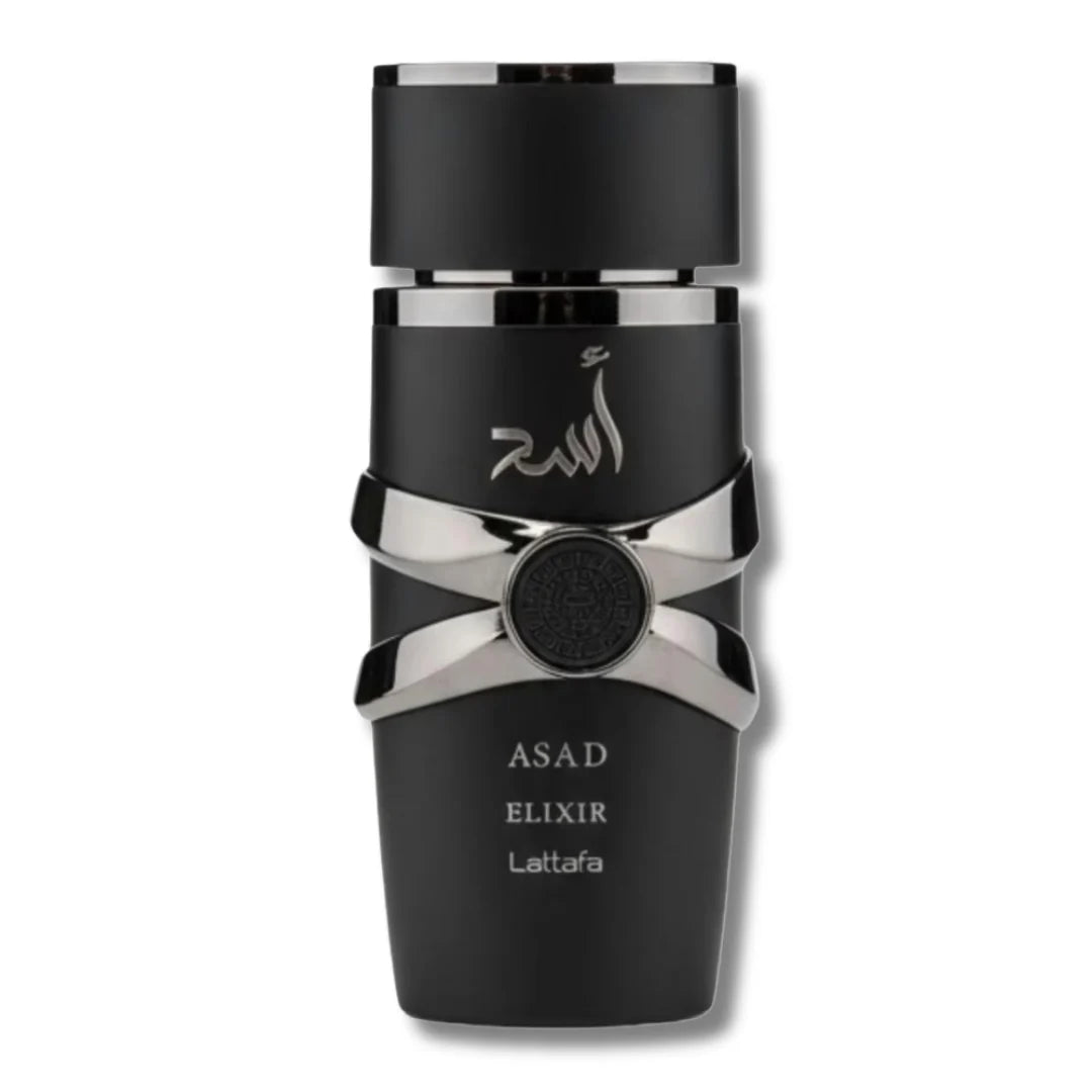 Lattafa Asad Elixir 100ML bottle with elegant design and gold accents, showcasing a luxurious fragrance container.