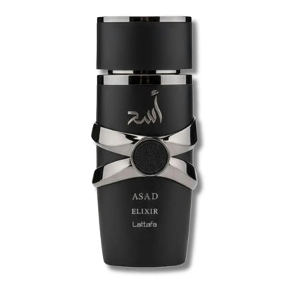 Lattafa Asad Elixir 100ML bottle with elegant design and gold accents, showcasing a luxurious fragrance container.