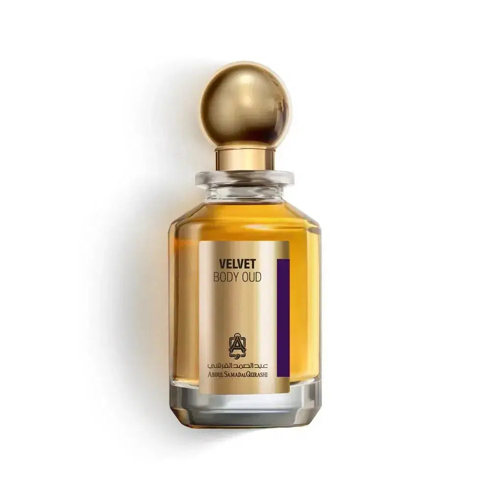 Velvet Body Oud 100ml by Abdul Samad Al Qurashi featuring a sleek glass perfume bottle with a black cap and elegant design.