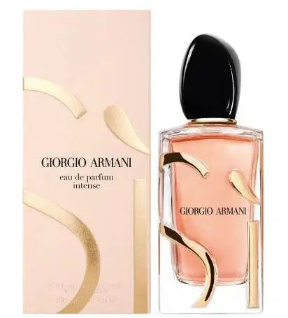 Giorgio Armani SI Eau de Parfum Intense perfume bottle with sleek black and gold design on a neutral background