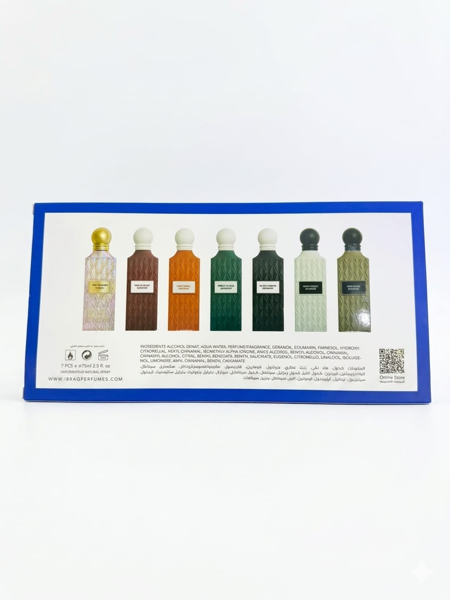 Diamond Collection by Ibrahim Al Qurashi, 7x75ml perfume bottles, elegant packaging with intricate gold detailing.