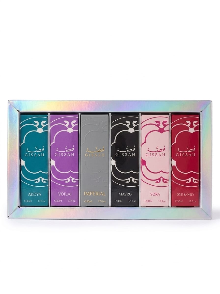 Gissah Legend Of Valleys Collection 6x30ml bottles displayed, showcasing flavorful fruit and herbal extracts in colorful packaging.