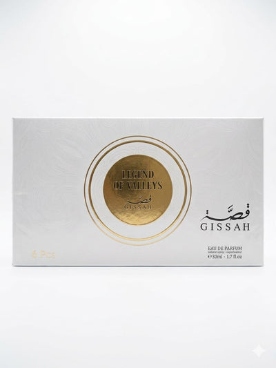 Gissah Legend of Valleys Collection 6x30ml bottles of premium olive oil displayed in a gift box.