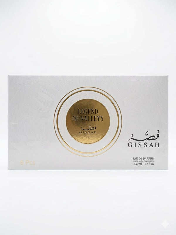 Gissah Legend of Valleys Collection 6x30ml bottles of premium olive oil displayed in a gift box.