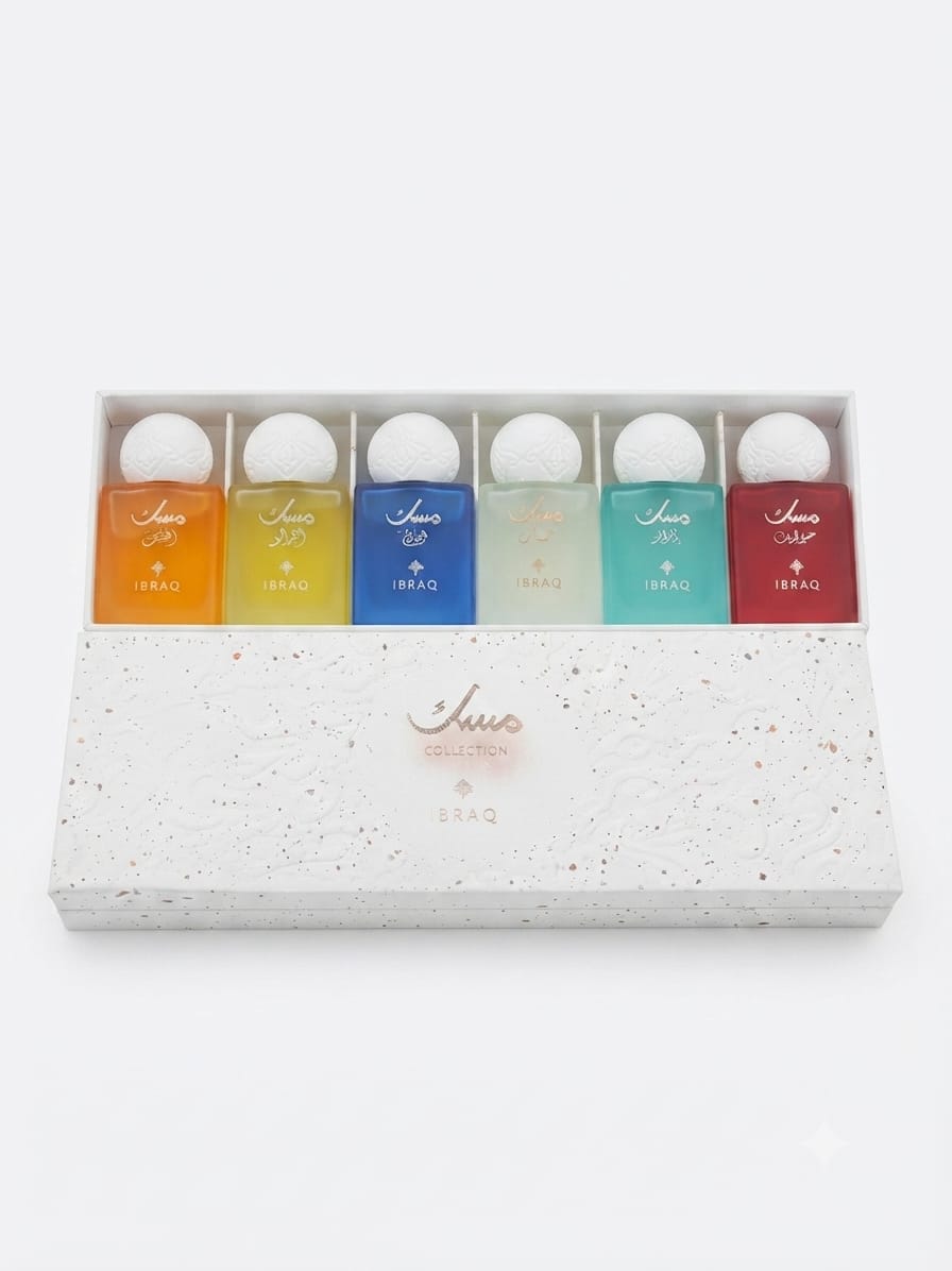 Ibrahim Al Qurashi Musk Collection 6x10ml perfume miniatures displayed together, showcasing the gift set packaging.