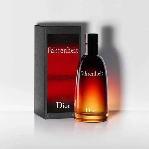 Dior Fahrenheit Eau De Toilette 100ml bottle with sleek design and silver cap, displayed on a neutral background.