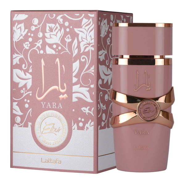 Lattafa Yara Elixir 100ml perfume bottle with elegant design and floral accents on a neutral background.