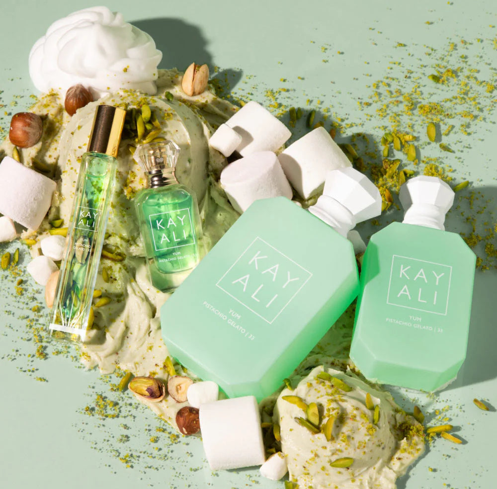 Kayali Yum Pistachio Gelato 100ml fragrance bottle with pistachio-themed design and elegant packaging.