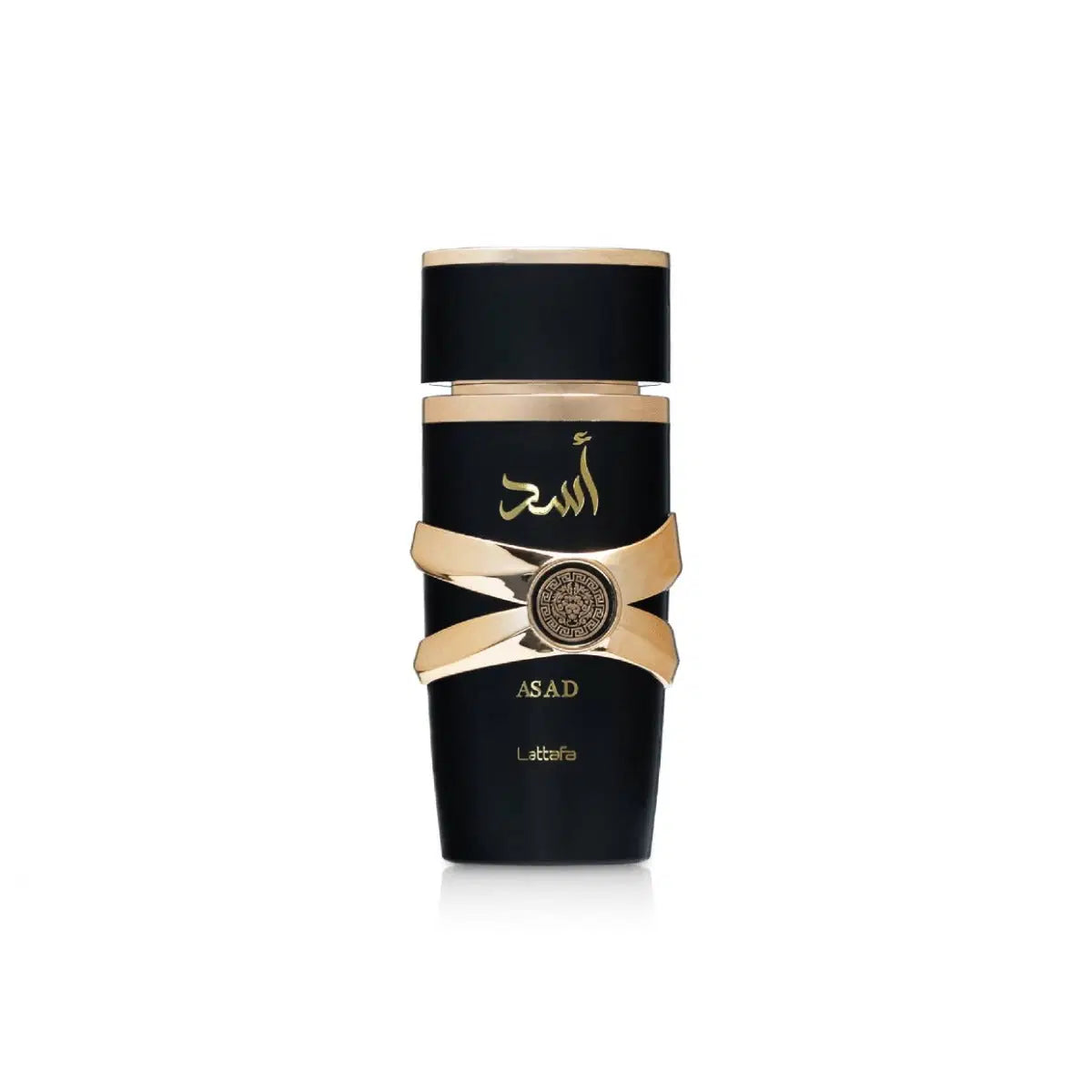Lattafa Asad 100 Ml perfume bottle with gold accents, elegant design, and clear glass showcasing the fragrance inside.