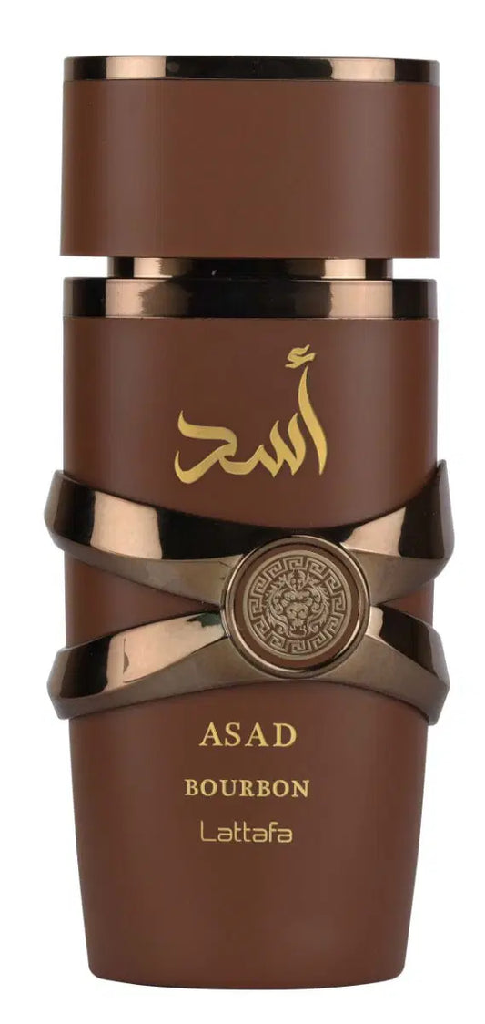Lattafa Asad Bourbon perfume bottle, 100ml, with sleek design and gold accents, showcasing the luxurious fragrance packaging.