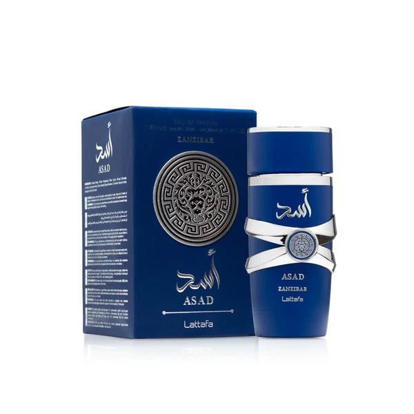 Lattafa Asad Zanzibar 100ml perfume bottle with intricate design and gold accents, displayed on a neutral background.