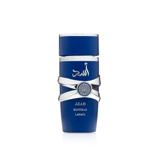 Lattafa Asad Zanzibar perfume bottle, 100ml, with ornate design and elegant packaging, showcasing a luxurious fragrance product.