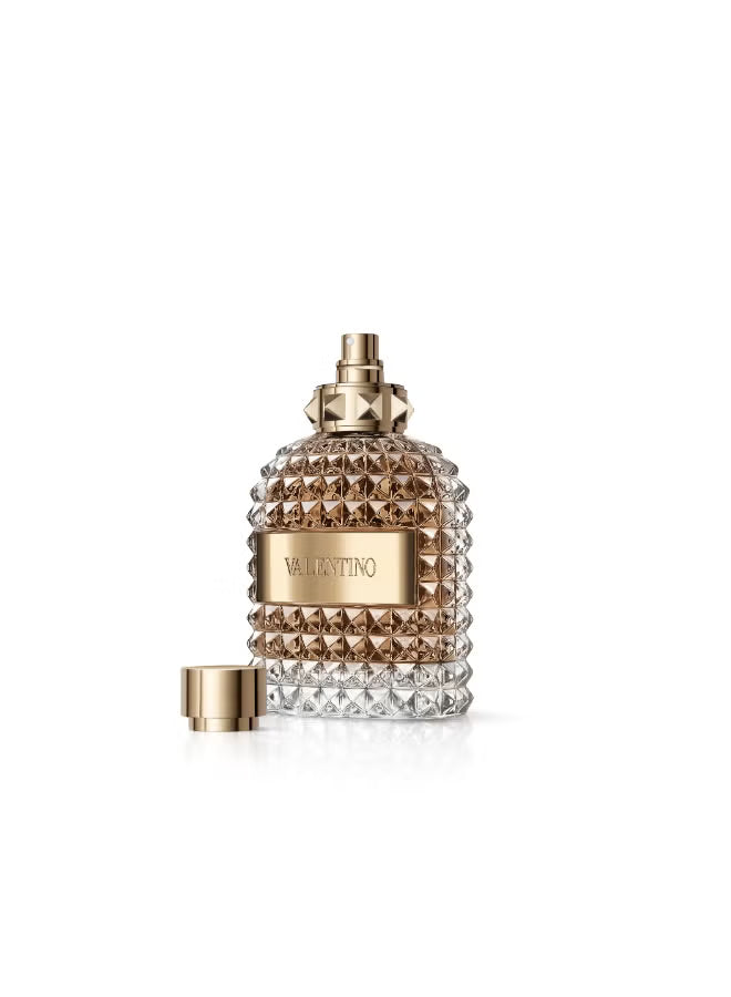 Valentino Uomo 100ml men's fragrance bottle with elegant design, featuring a sleek, sophisticated look and clear glass packaging.