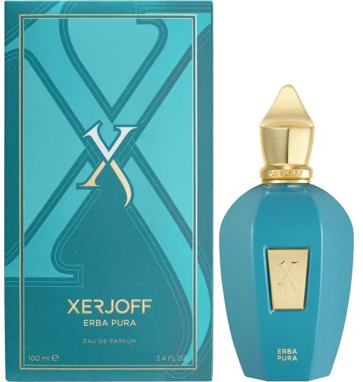 Xerjoff Erba Pura fragrance bottle, 100ML, with elegant design and clear label, on a neutral background.