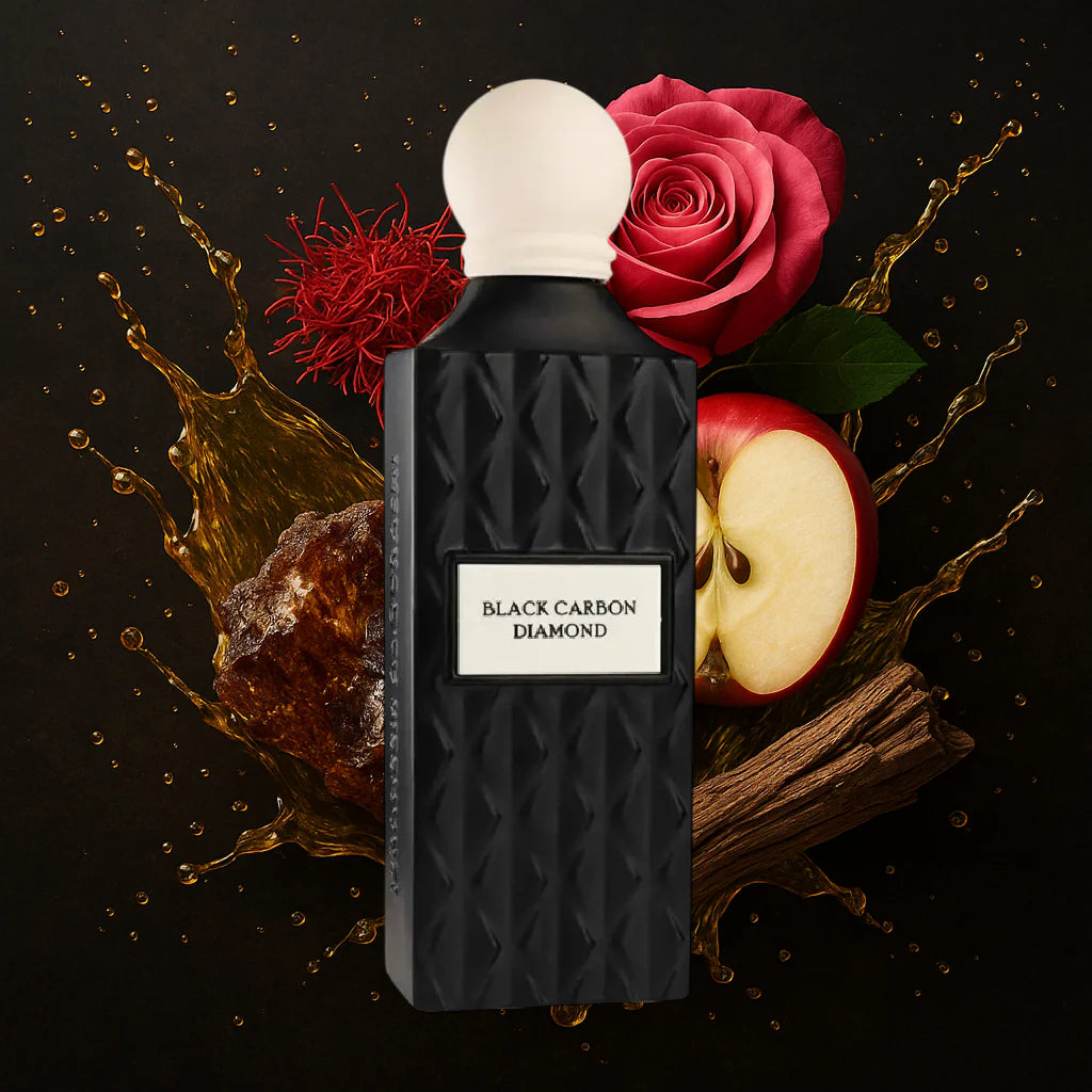 Black Carbon Diamond perfume by Ibrahim Al Qurashi in a 200ML bottle with a sleek black design and luxurious packaging.