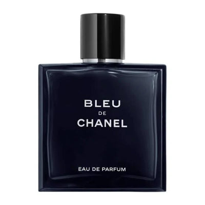 Bleu de Chanel Eau de Parfum 100ml bottle with sleek rectangular design and black cap, showcasing the iconic fragrance packaging.
