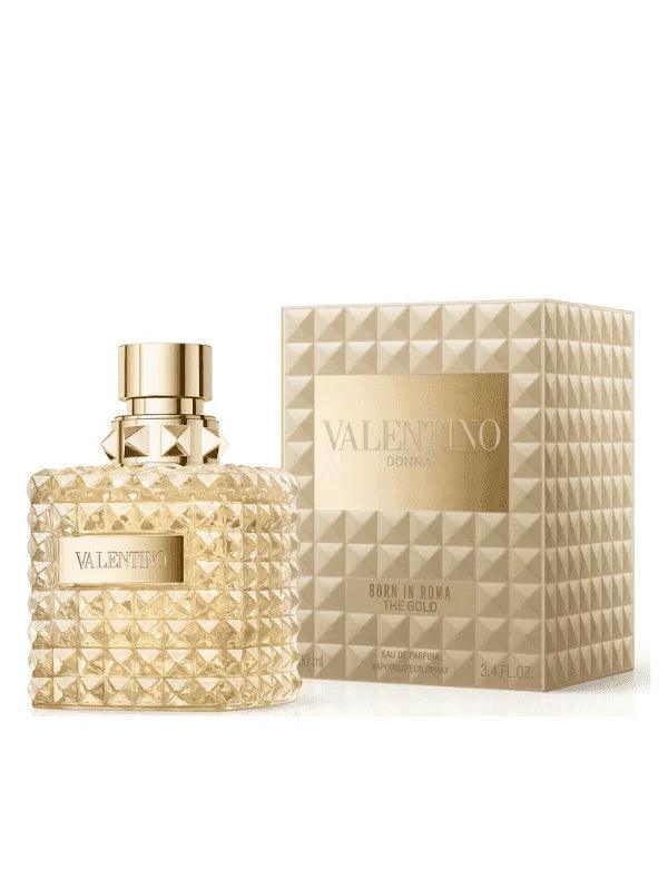 Valentino Born in Roma The Gold Donna 100ml perfume bottle in gold packaging, showcasing elegant design and luxurious branding.