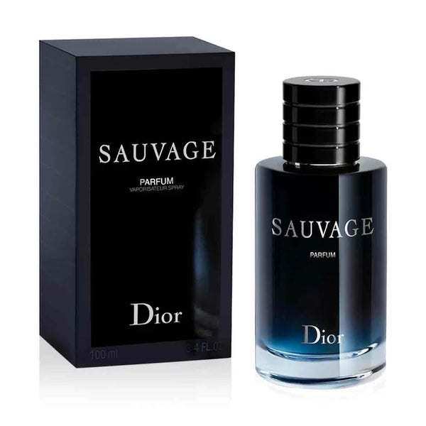 Dior Sauvage 100ml parfum bottle with sleek design and silver cap, displayed on a neutral background.