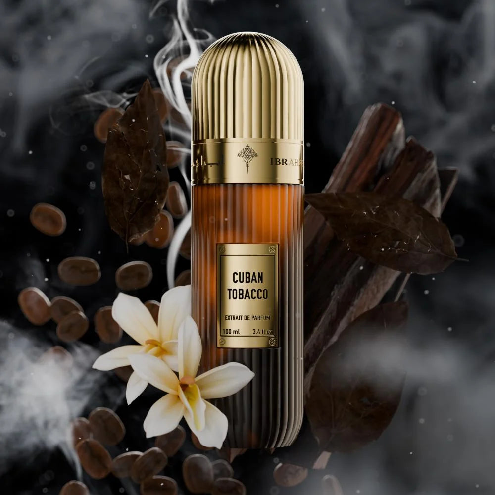 Cuban Tobacco 100ML bottle by Ibrahim Al Qurashi with a sleek black and gold design, showcasing the perfume's luxurious packaging.