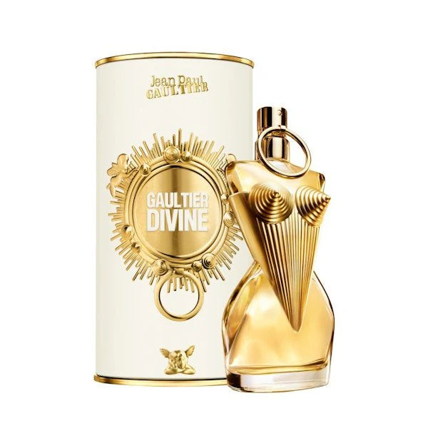 Jean Paul Gaultier Divine Eau de Parfum bottle, 100ml, elegant perfume with floral and woody notes, featuring a distinctive design.