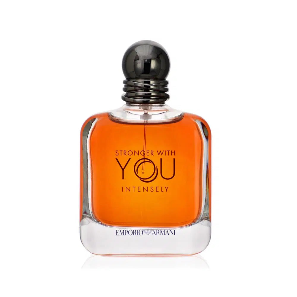 Giorgio Armani Stronger With You Intensely 100ml Eau de Parfum bottle with sleek design and dark fragrance liquid inside.