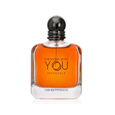 Giorgio Armani Stronger With You Intensely 100ml Eau de Parfum bottle with sleek design and dark fragrance liquid inside.